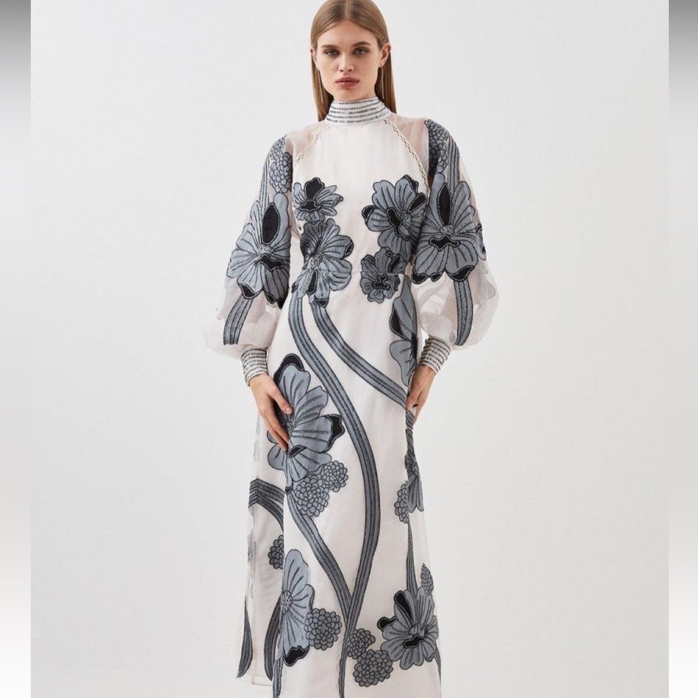 Karen Millen Applique Organdie Floral Graphic Woven Maxi Dress